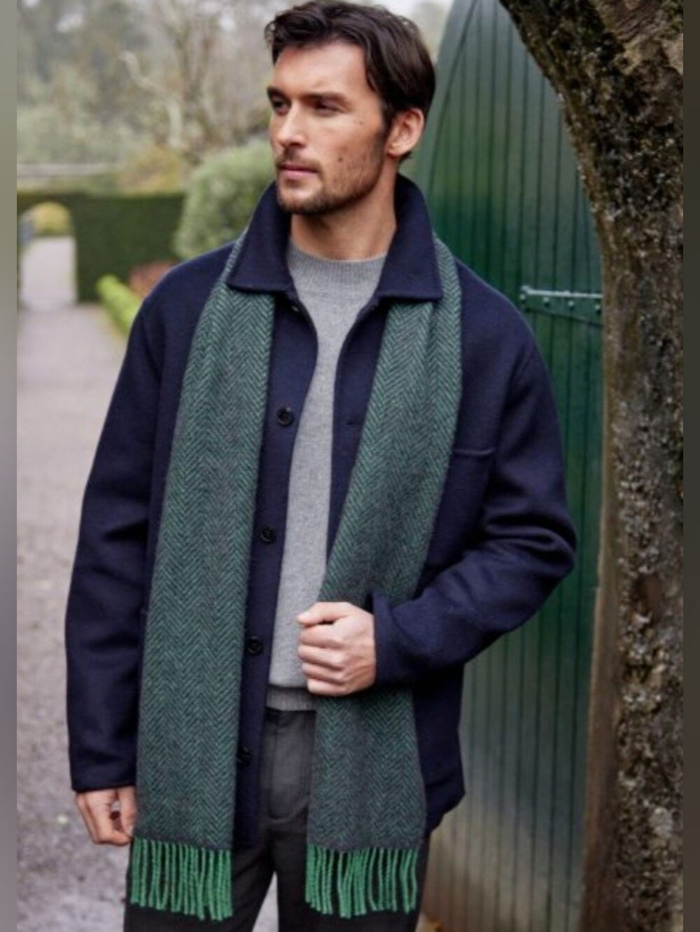 John Hanly 9x78 Irish Cashmere Merino Scarf Green Charcoal Herringbone